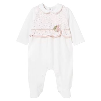 Baby Girls White & Pink Broderie Anglaise Babygrow