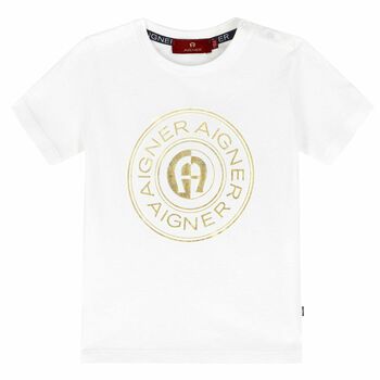 Younger Boys White & Gold Logo T-Shirt