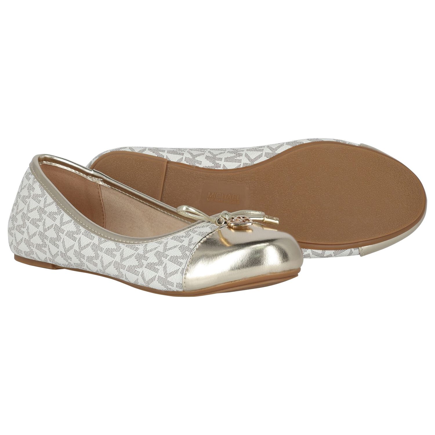 حذاء بنات باليه بالشعار باللون العاجي والذهبي , 1, hi-res