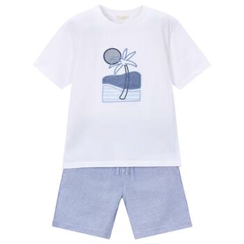 Boys White & Blue Striped Shorts Set