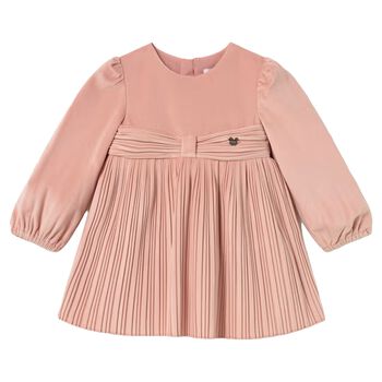 Younger Girls Pink Velvet Pleated Dress