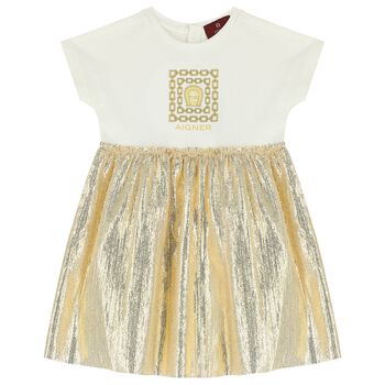 Younger Girls Ivory & Gold Logo Dress