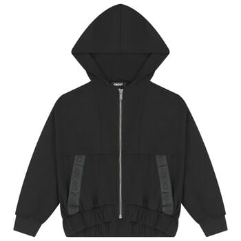 Girls Black Logo Hooded Zip-Up Top