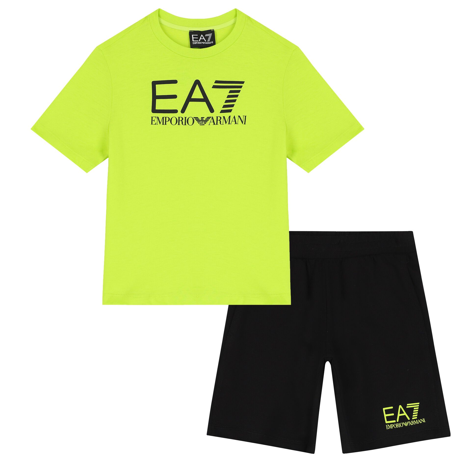 EA7 Emporio Armani Boys Neon Green Black Logo Shorts Set Junior Couture Bahrain