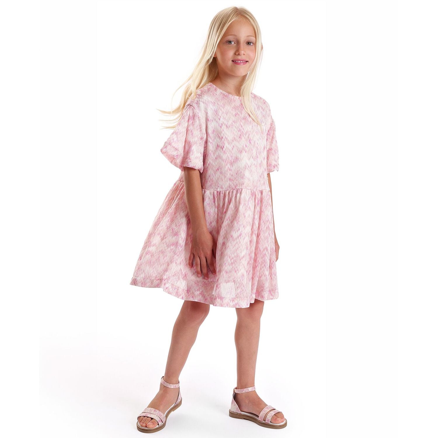 Girls Pink & Ivory Zig Zag Dress, 1, hi-res