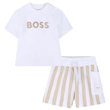 Baby Boys White & Beige Logo Shorts Set