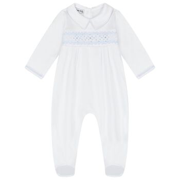 Baby Boys White and Blue Smocked Babygrow