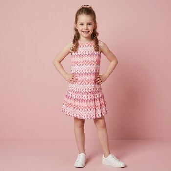 فستان بنات بالشعار بشكل متعرج باللون الابيض والوردى 