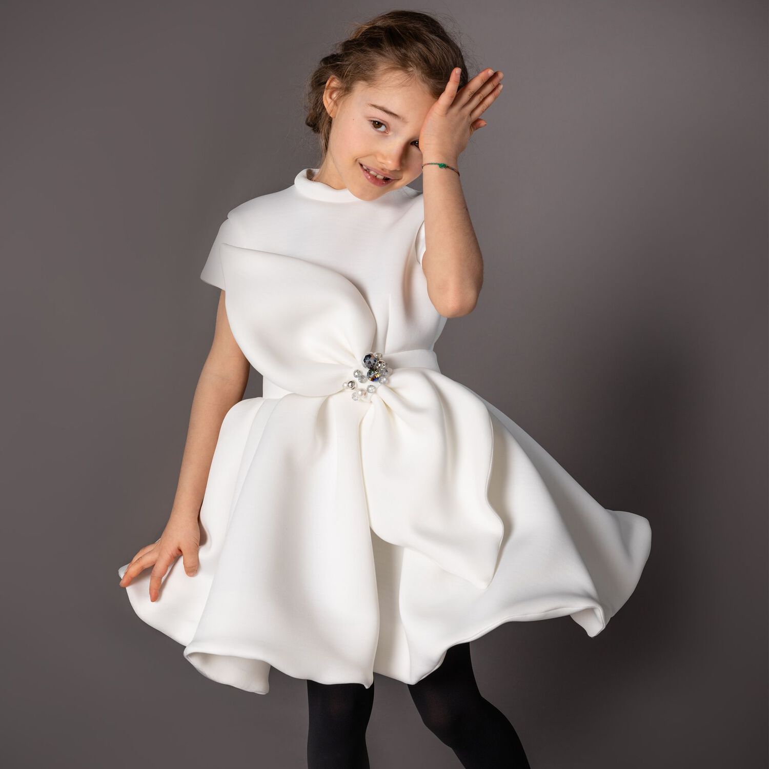 Girls White Bow Dress, 1, hi-res