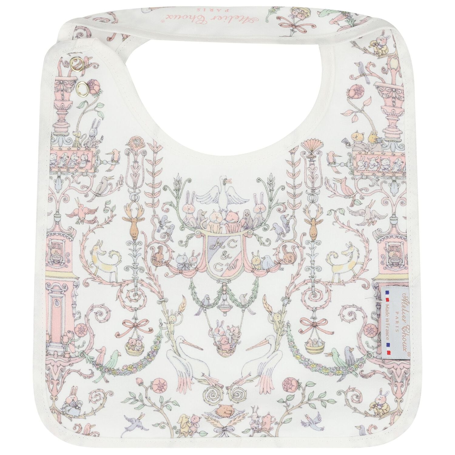 Baby Girls Ivory & Pink Toile de Jouy Bib, 2, hi-res