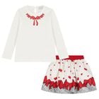 Girls Ivory & Red Bow Skirt Set, 1, hi-res