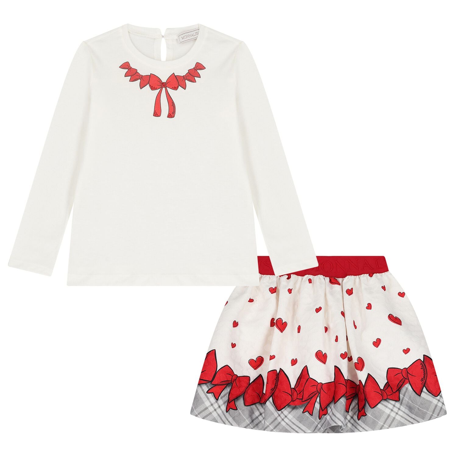 Girls Ivory & Red Bow Skirt Set, 1, hi-res