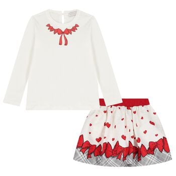 Girls Ivory & Red Bow Skirt Set