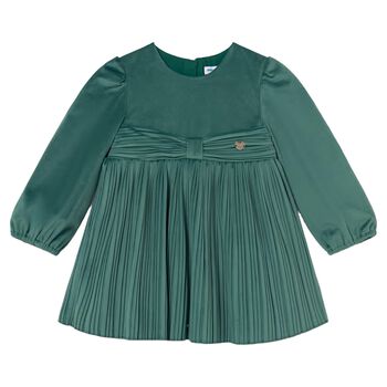 Younger Girls Green Velvet Pleated Dress