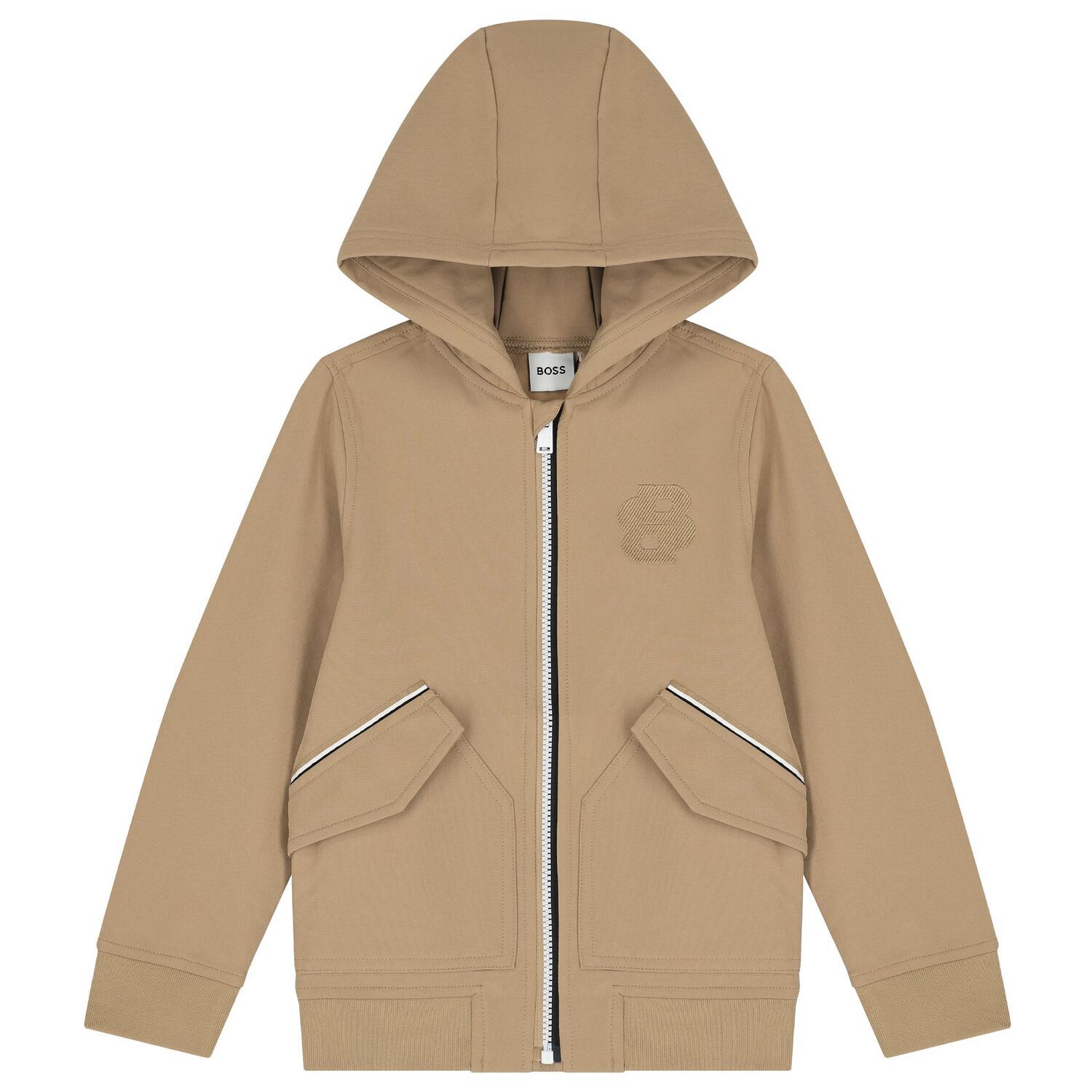 Boys Beige Logo Hooded Zip Up Top, 1, hi-res image number null
