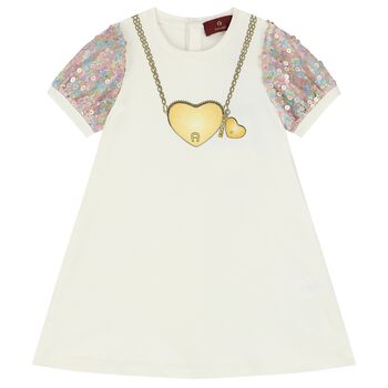 Younger Girls Ivory Logo Heart Dress