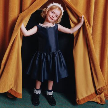 Girls Navy Blue Pearl Satin Dress