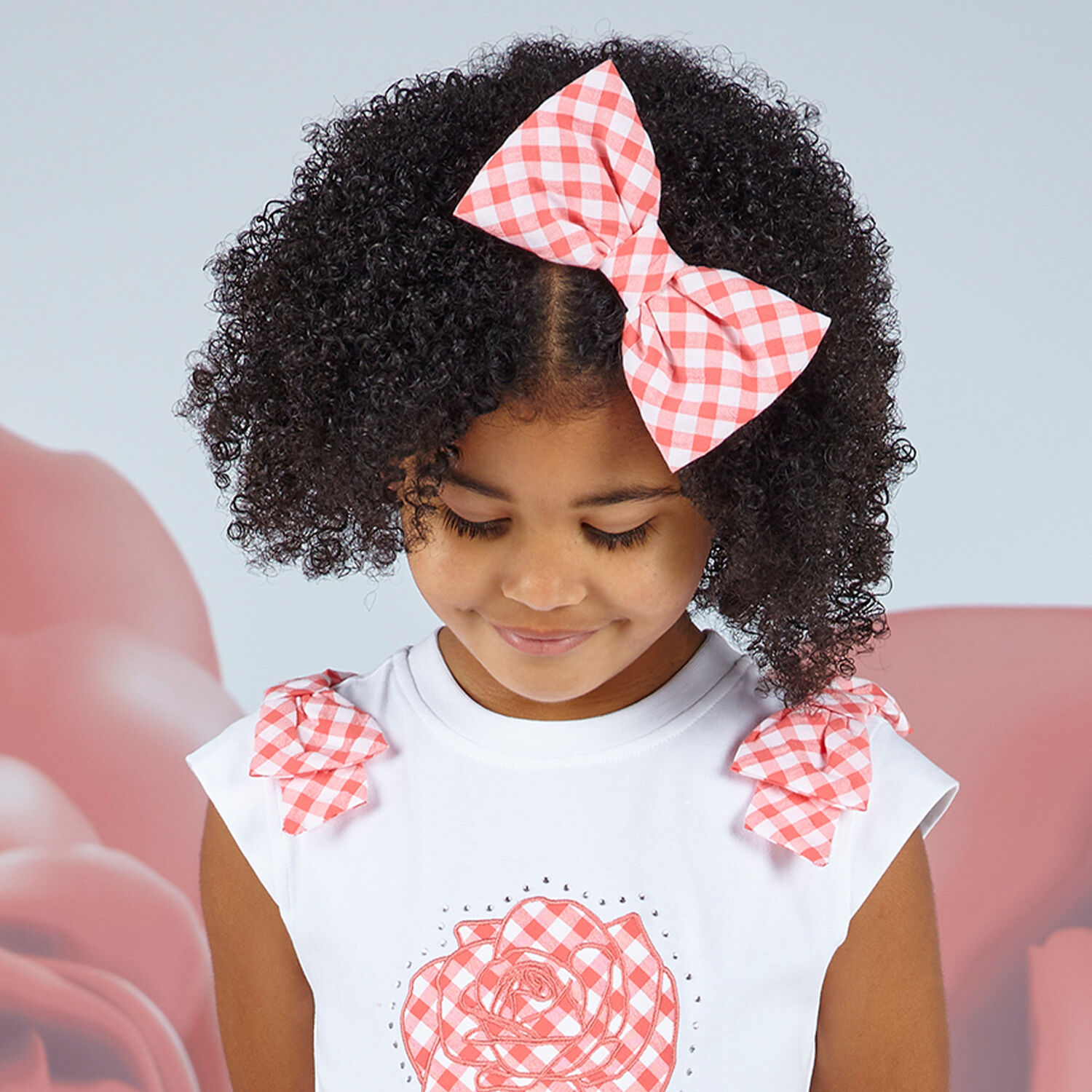 Girls Coral & White Gingham Hair Clip, 1, hi-res