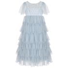 Girls Blue Embellished Tulle Dress, 1, hi-res