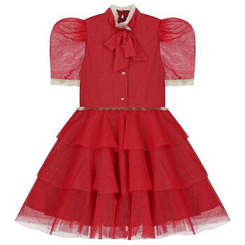 Girls Red Glittery Tulle Dress
