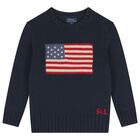 Boys Navy Blue Flag Knitted Sweatshirt, 1, hi-res