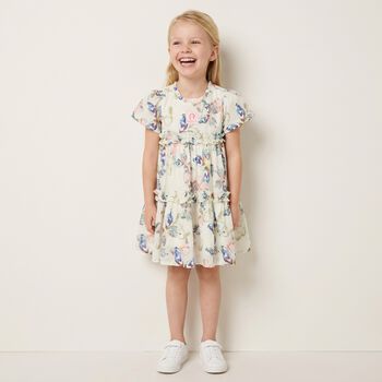 Younger Girls Ivory Butterflies Logo Dress
