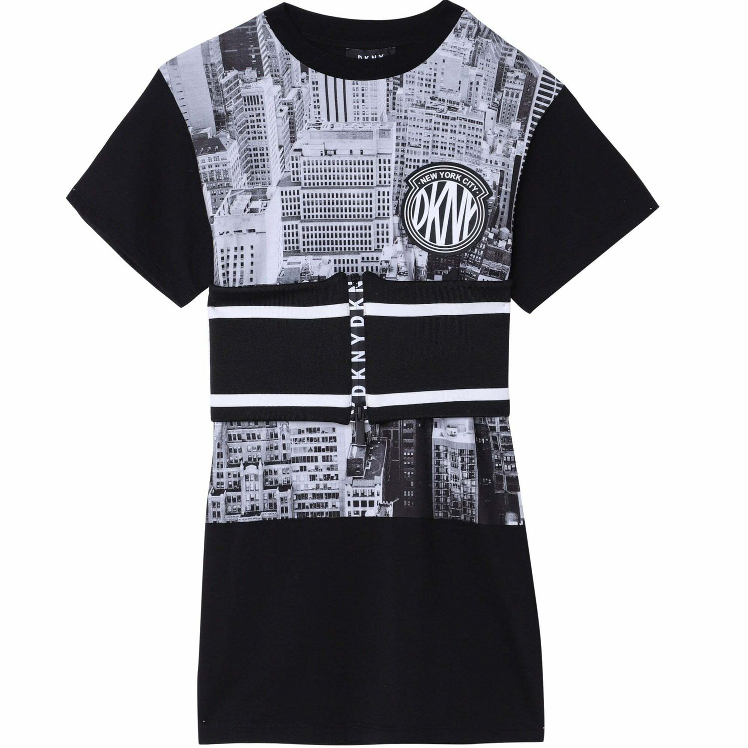 Girls Black Printed Logo Dress, 1, hi-res