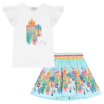 Girls White & Blue Tropical Island Skirt Set