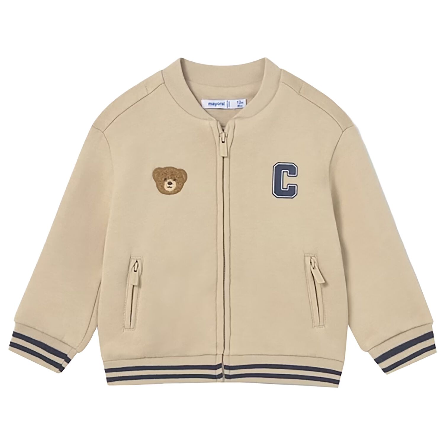 Younger Boys Beige Teddy Bear Zip Up Top, 2, hi-res