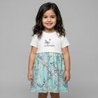 Younger Girls Ivory & Blue Butterflies Logo Dress, 2, hi-res