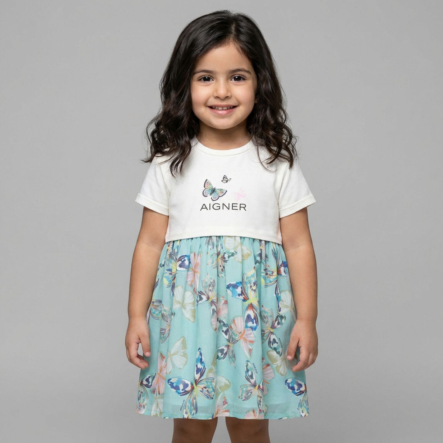Younger Girls Ivory & Blue Butterflies Logo Dress, 2, hi-res