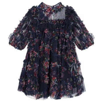 Girls Navy Blue Floral Ruffled Tulle Dress