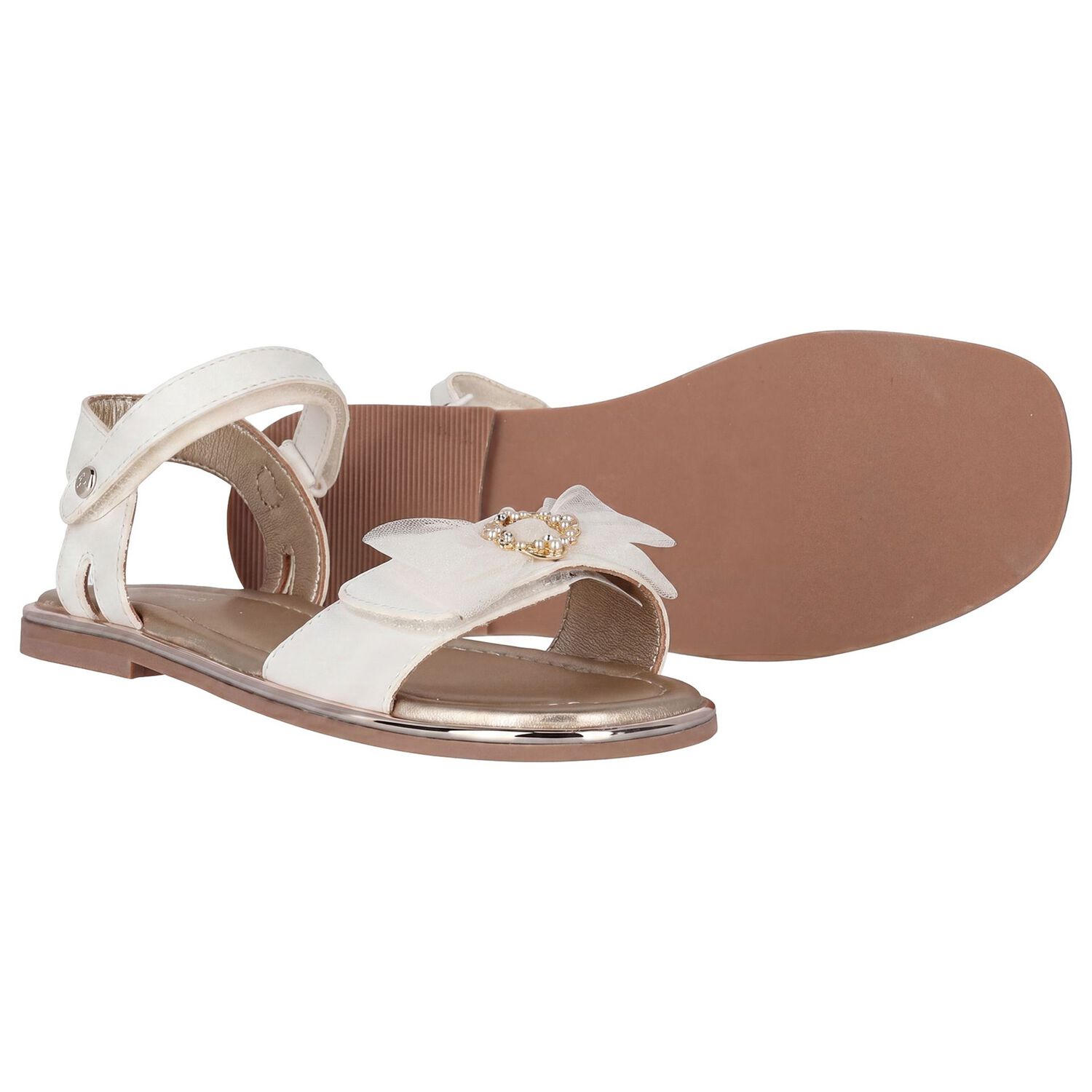 Girls White & Gold Leather Tulle Bow Sandal, 1, hi-res
