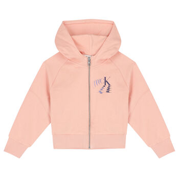 Girls Pink Logo Hooded Zip-Up Top