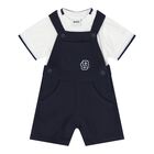 Baby Boys White & Navy Blue Logo Dungaree Set, 1, hi-res