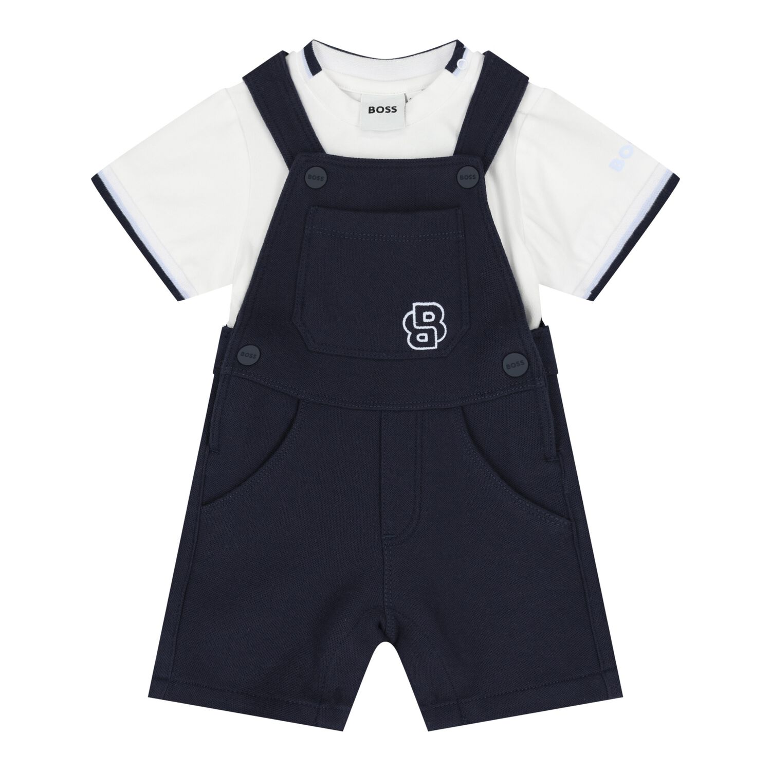 Baby Boys White & Navy Blue Logo Dungaree Set, 1, hi-res