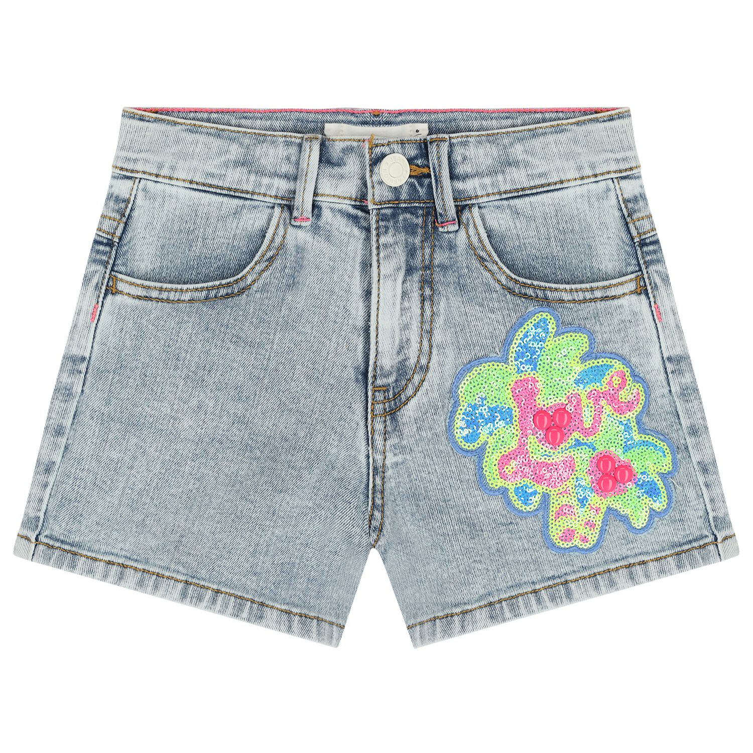Girls Blue Denim Embellished Shorts, 1, hi-res