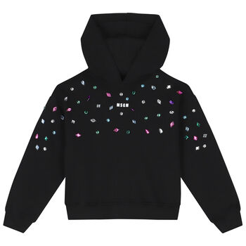 Girls Black Logo Embellished Hooded Top