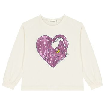 Girls Ivory Cat Long Sleeve Top