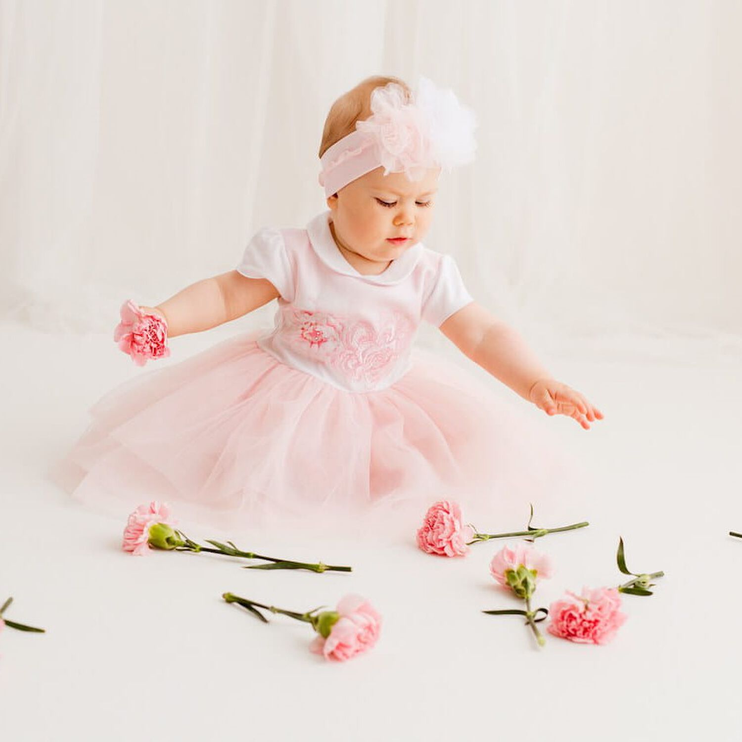 Baby Girls White & Pink Floral Dress, 1, hi-res
