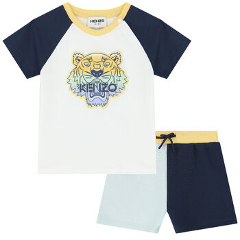 Younger Boys White & Blue Tiger Logo Shorts Set