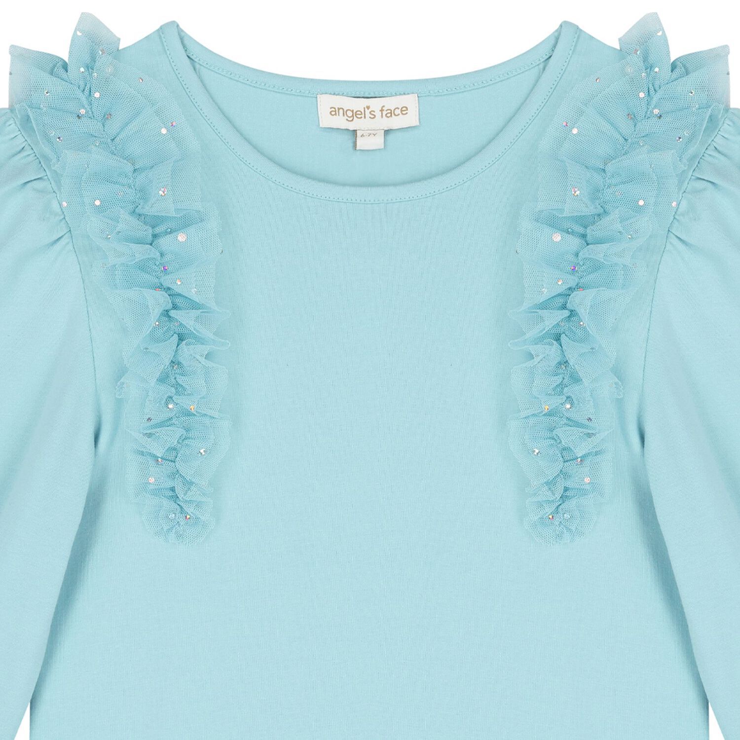 Girls Blue Ruffled Tulle Long Sleeve Top, 1, hi-res image number null