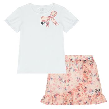 Girls White & Pink Floral Skirt Set