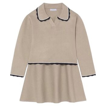 Girls Beige Knitted Skirt Set