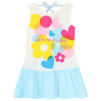 Girls White & Blue Flower Dress