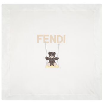 White & Beige Teddy Bear Logo Padded Baby Blanket
