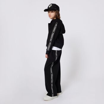 Girls Black Logo Hooded Zip Up Top