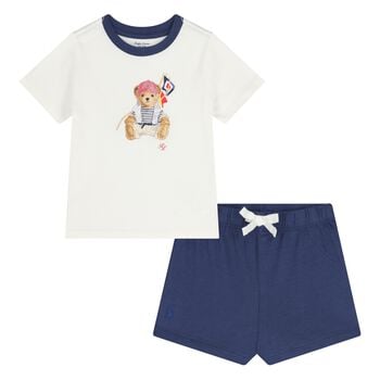 Baby Boys White and Navy Blue Logo Short Set 