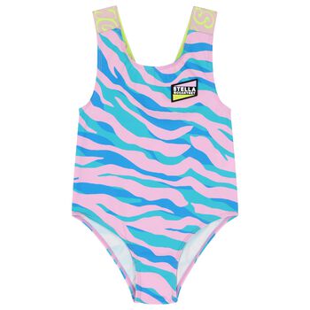 Girls Blue & Pink Logo Swimsuit