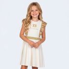 Girls Ivory & Gold Logo Ruffled Dress, 1, hi-res